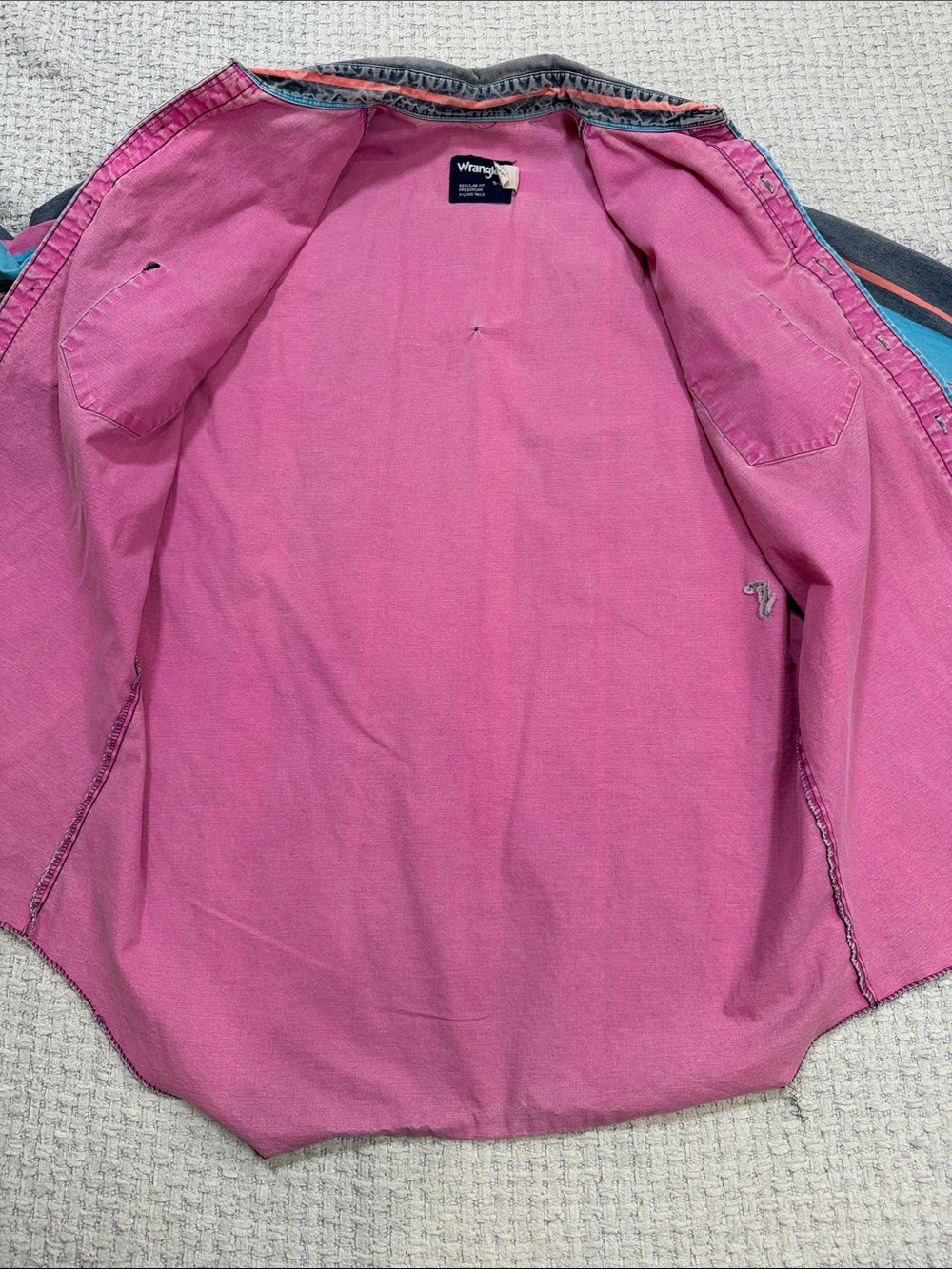 Vtg 90’s Wrangler Brush Popper Button Up Long Sleeve Pink Turquoise Blue Orange - Picture 14 of 16